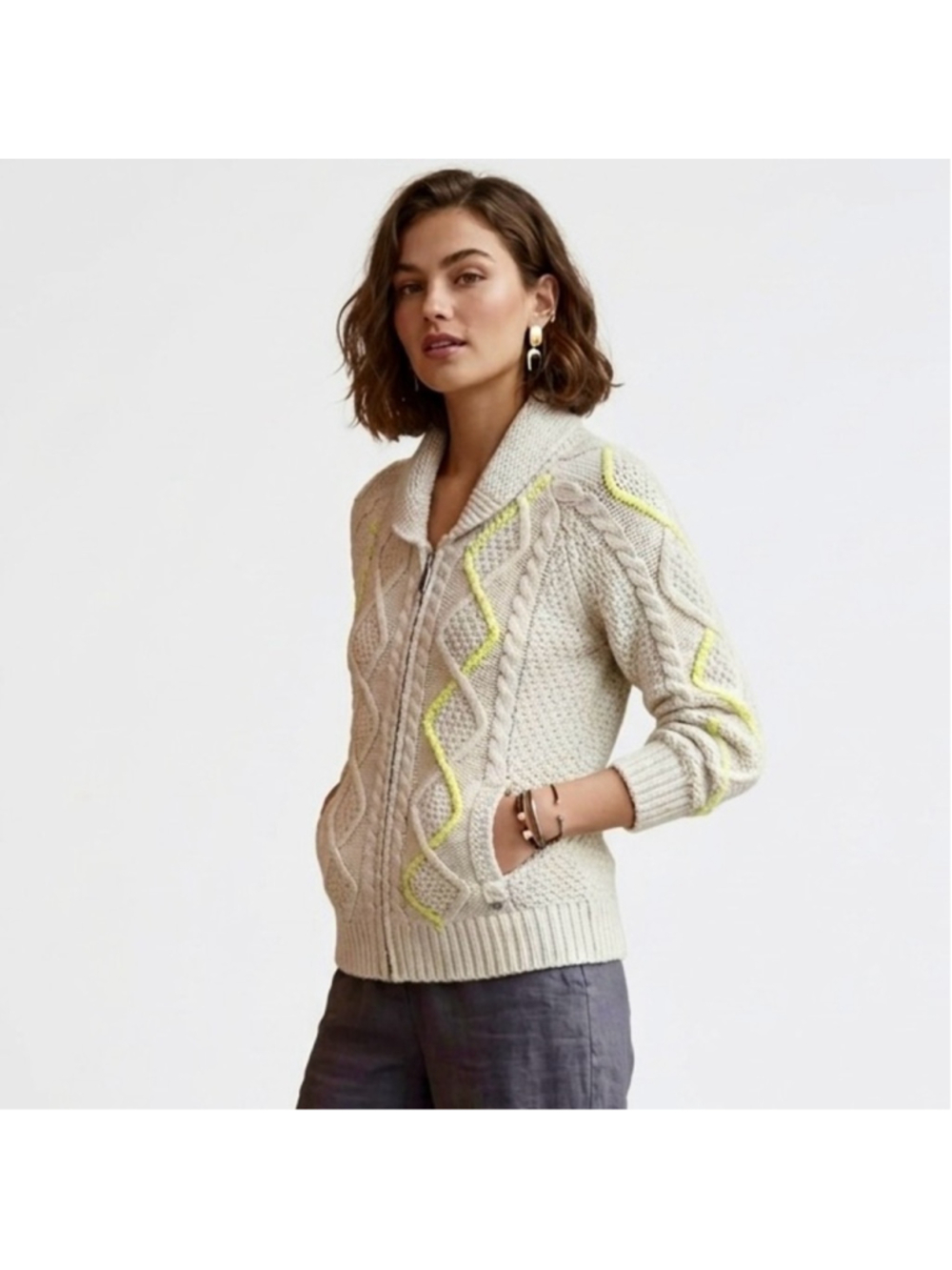 TNA Y2K Cable Knit Merino Alpaca Blend Zip Shawl Neck Cardigan Sweater Size L